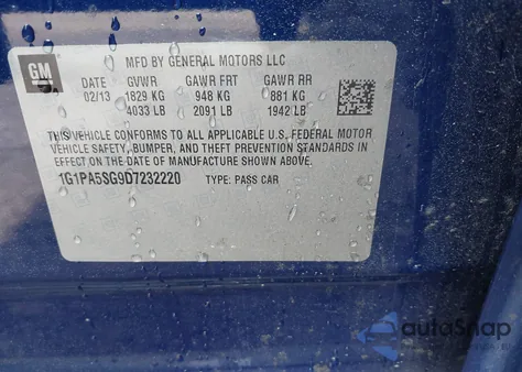 2013 Chevrolet Cruze Ls Auto из США, поврежденный, VIN 1G1PA5SG9D7232220